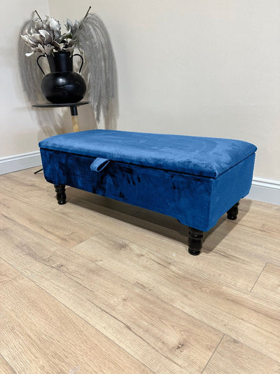 Blue Ottoman Plain Coffee Table Storage Bench | Velvet Blue Plain Footstool | Blue Fabric Living Room Footstool