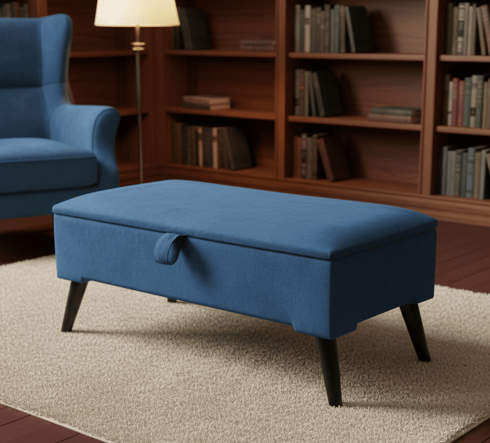 Blue velvet ottoman storage bench with padded seat in UK living room