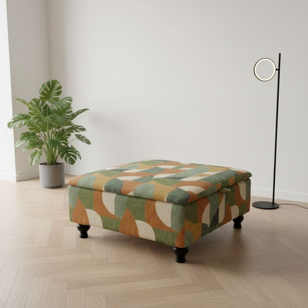 Contemporary centrepiece ottoman with flat top for trays and décor