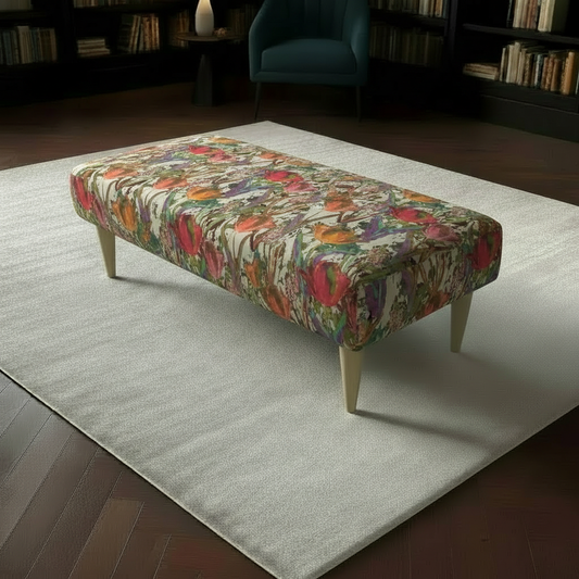 Contemporary hallway bench seat with multi-toned designer fabric and wooden legs
