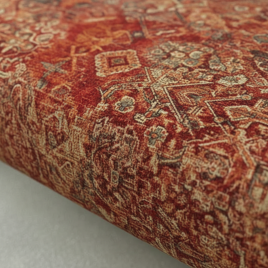 Contemporary upholstered hallway bench with vibrant abstract art style designer pattern