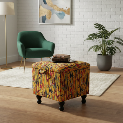 Contemporary vanity stool with deep storage and premium fabric upholstery