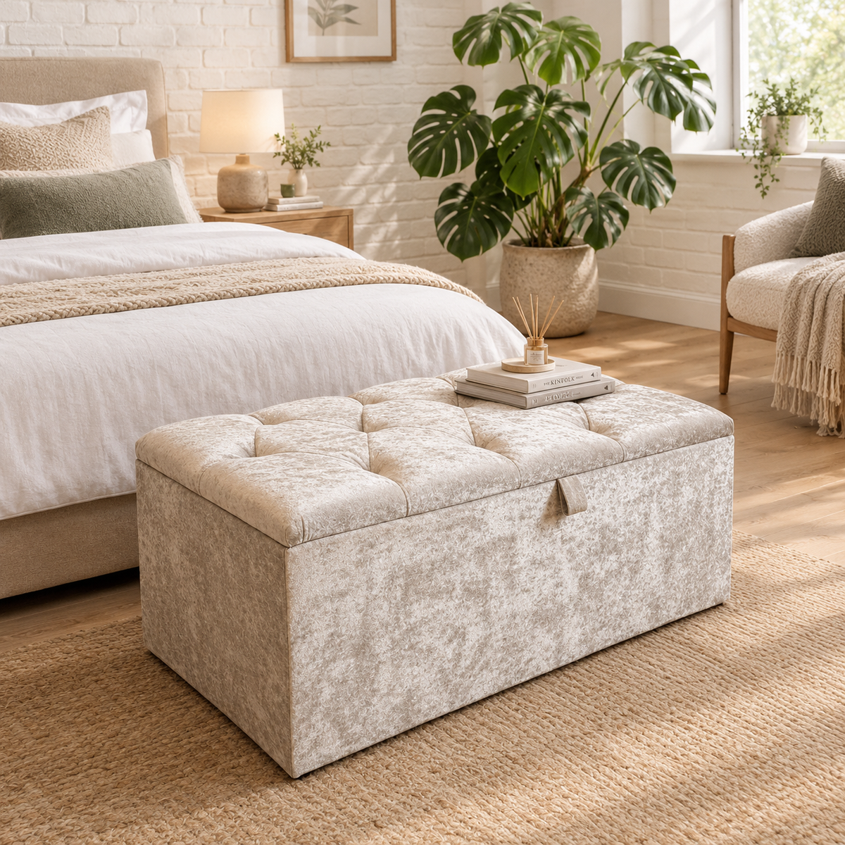 Large Silver Storage Ottoman Seat – Hidden Storage & Stylish Velvet Bench