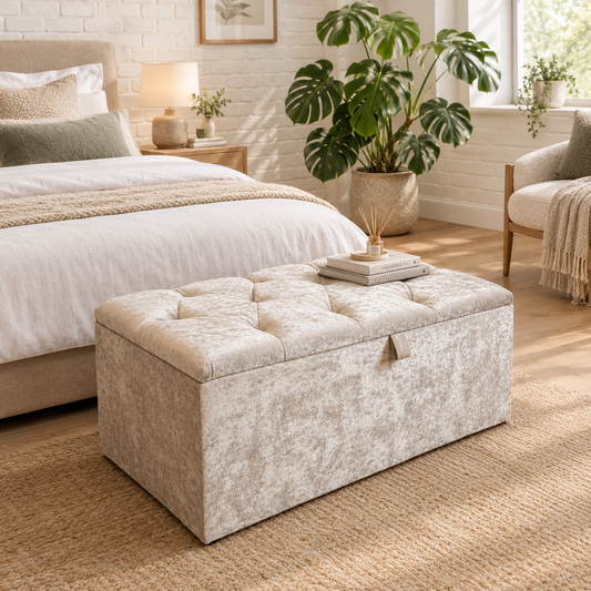 Large Silver Storage Ottoman Seat – Hidden Storage & Stylish Velvet Bench