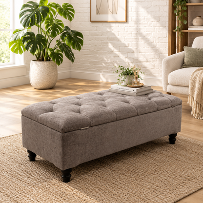 Large Brown Fabric Chesterfield Ottoman | Storage Coffee Table & Footstool Bench