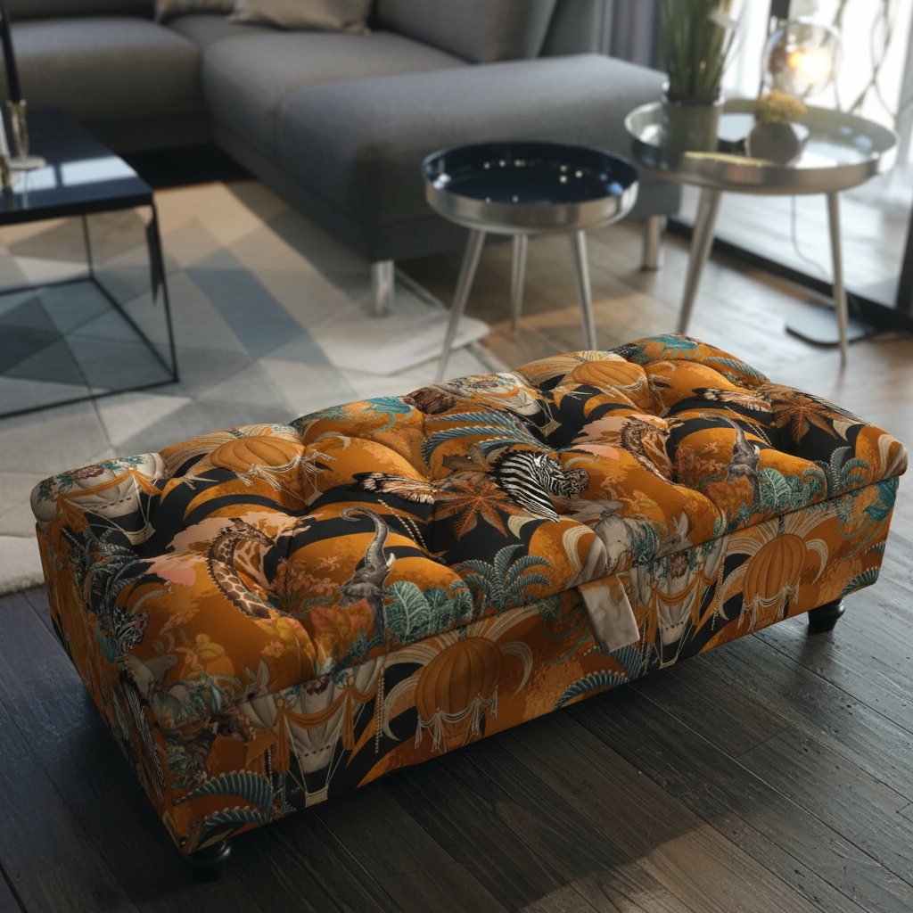 Deep buttoned tufted velvet end of bed bench UK