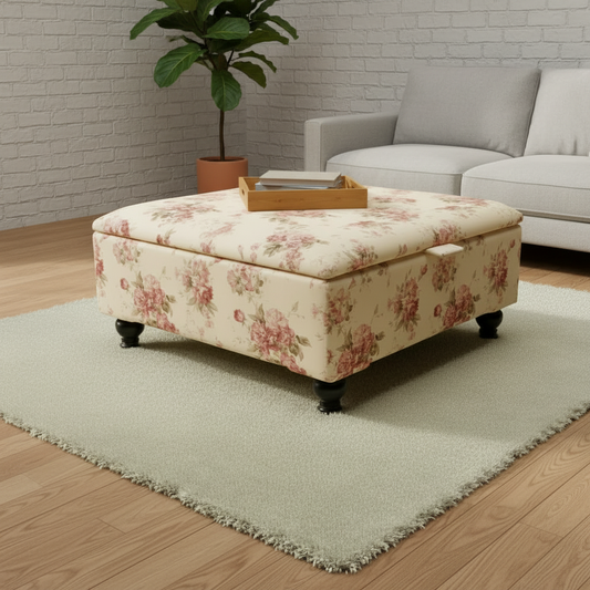 Designer Storage Ottoman Centrepiece with Multi-Toned Artistic Fabric