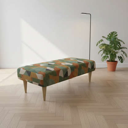 Designer fabric bench with durable solid wood legs and seamless top