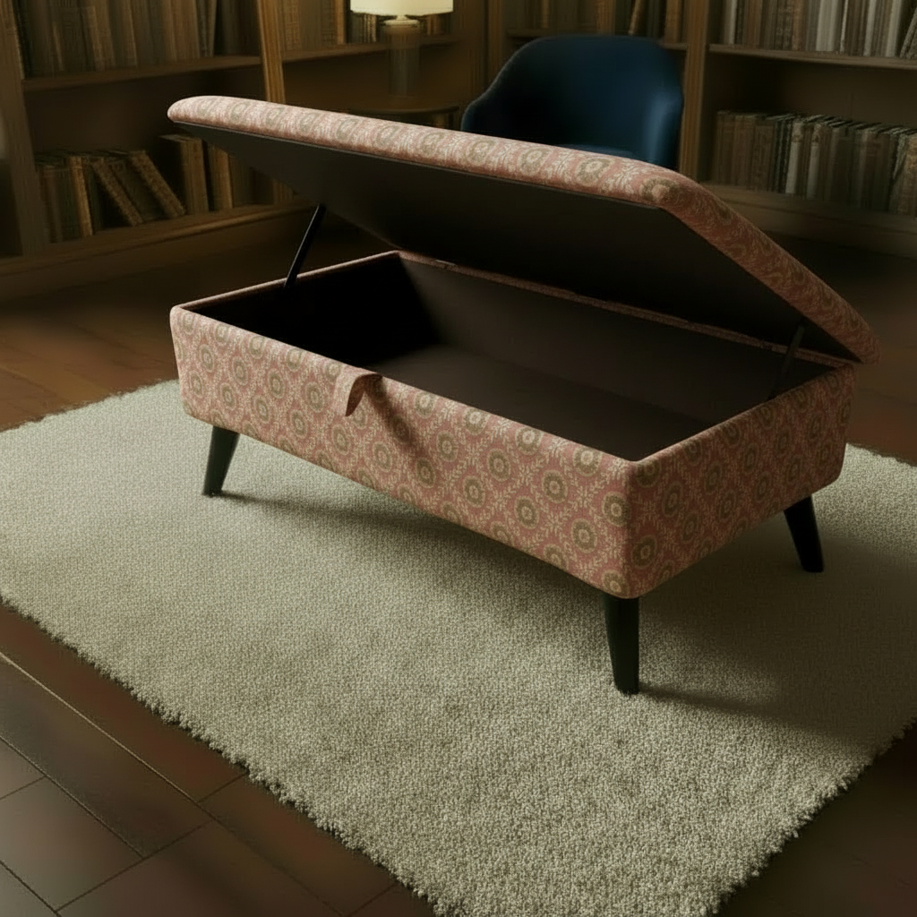 Designer patterned storage bench with high density foam cushioned top