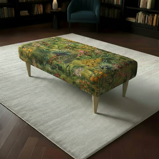 Elegant abstract patterned upholstered dining bench seat with sleek wooden legs