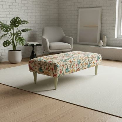 Durable designer fabric footstool with elegant solid wood construction