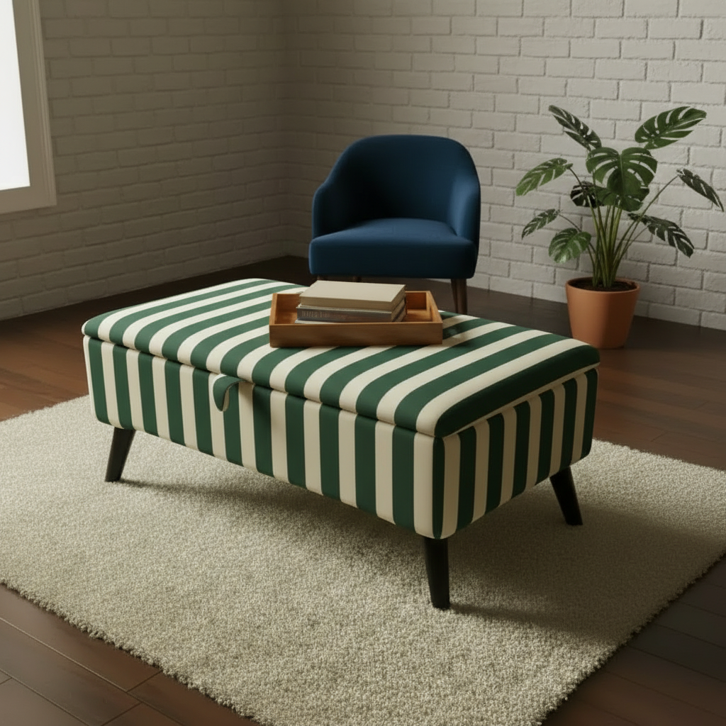 Durable hinged lid ottoman with strong black legs and premium fabric