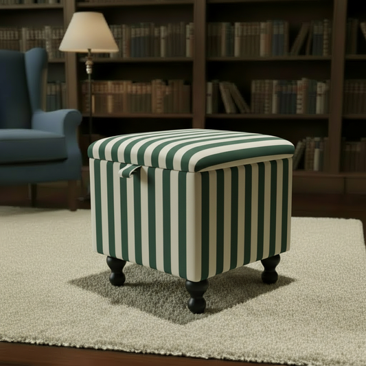 Elegant bedroom storage bench with vibrant multi-toned fabric at the end of bed