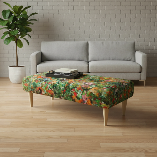 Elegant end of bed upholstered bench with abstract art style fabric and sleek fixed top design