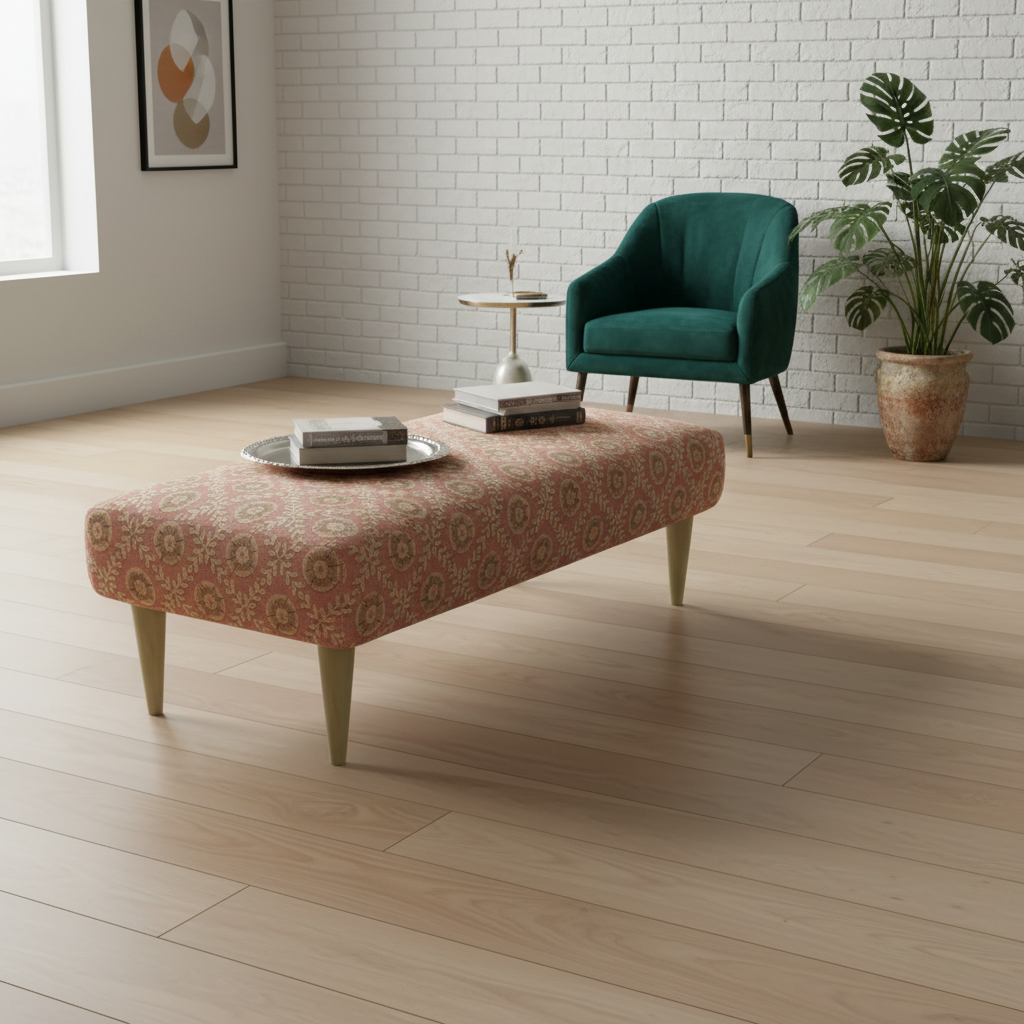 Elegant low-profile ottoman with seamless surface and artistic fabric pattern, handcrafted in the UK