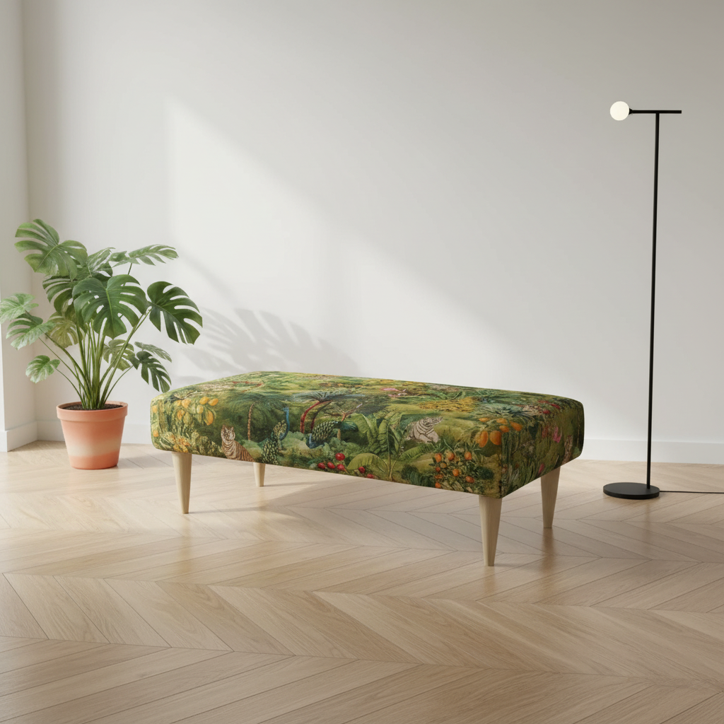 Handcrafted UK dining bench with artistic designer pattern upholstery