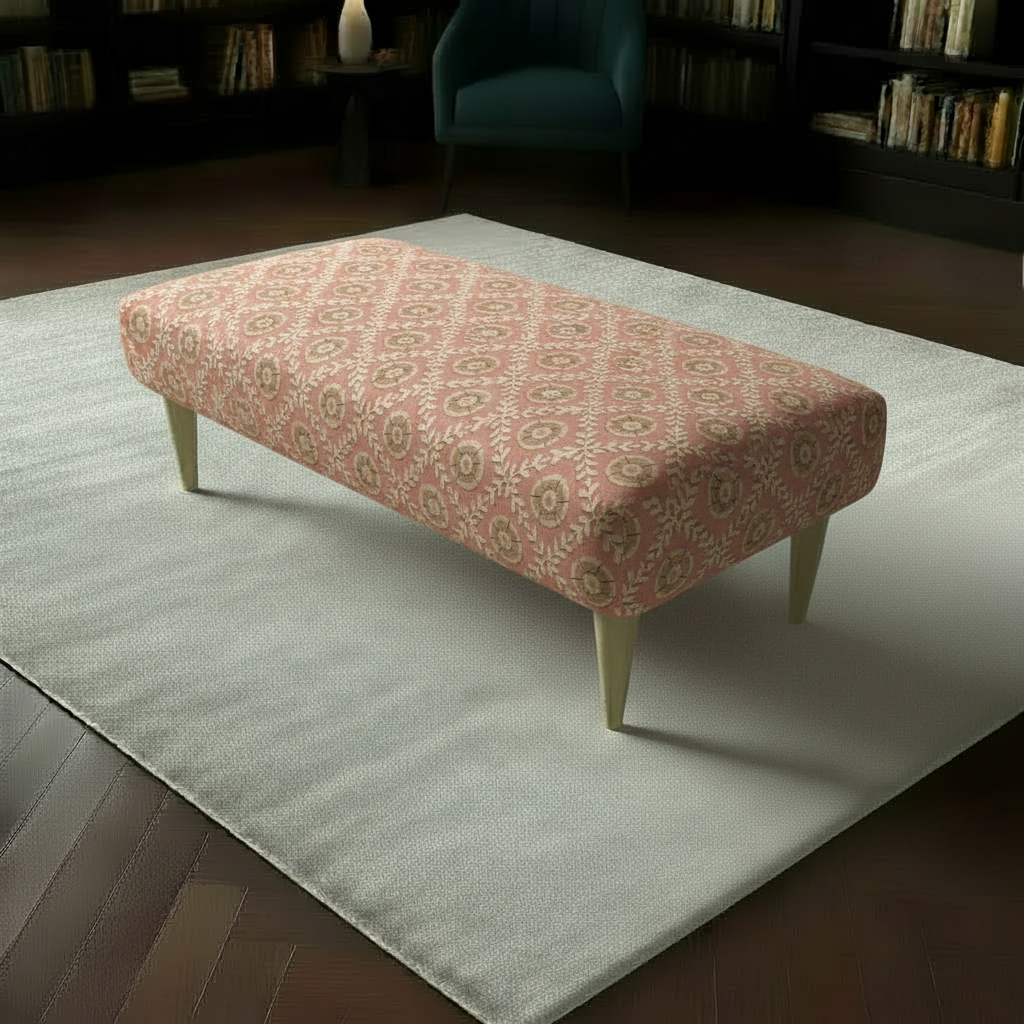 Fixed top rectangular ottoman with vibrant multi-toned abstract designer fabric and elegant wooden legs