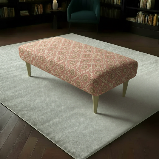 Fixed top rectangular ottoman with vibrant multi-toned abstract designer fabric and elegant wooden legs