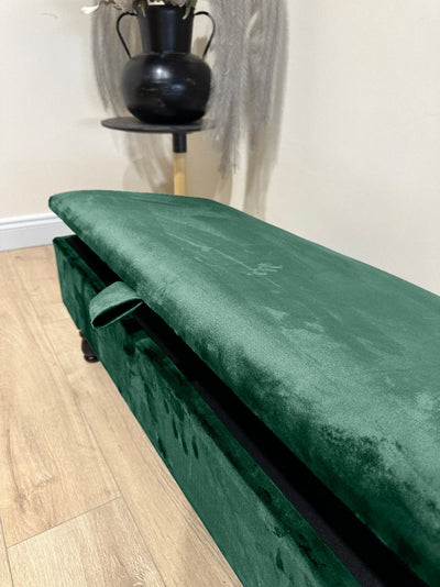 Green Plain Ottoman Storage Bench | Velvet Green Footstool UK | Dark Green Ottoman Bench