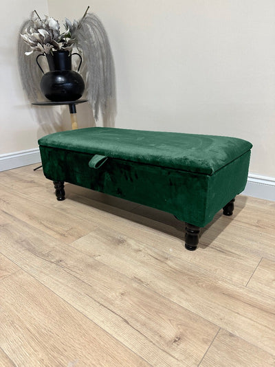 Green Plain Ottoman Storage Bench | Velvet Green Footstool UK | Dark Green Ottoman Bench