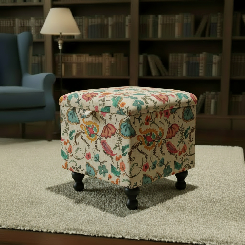 Hallway shoe storage seat with vibrant designer pattern and deep storage