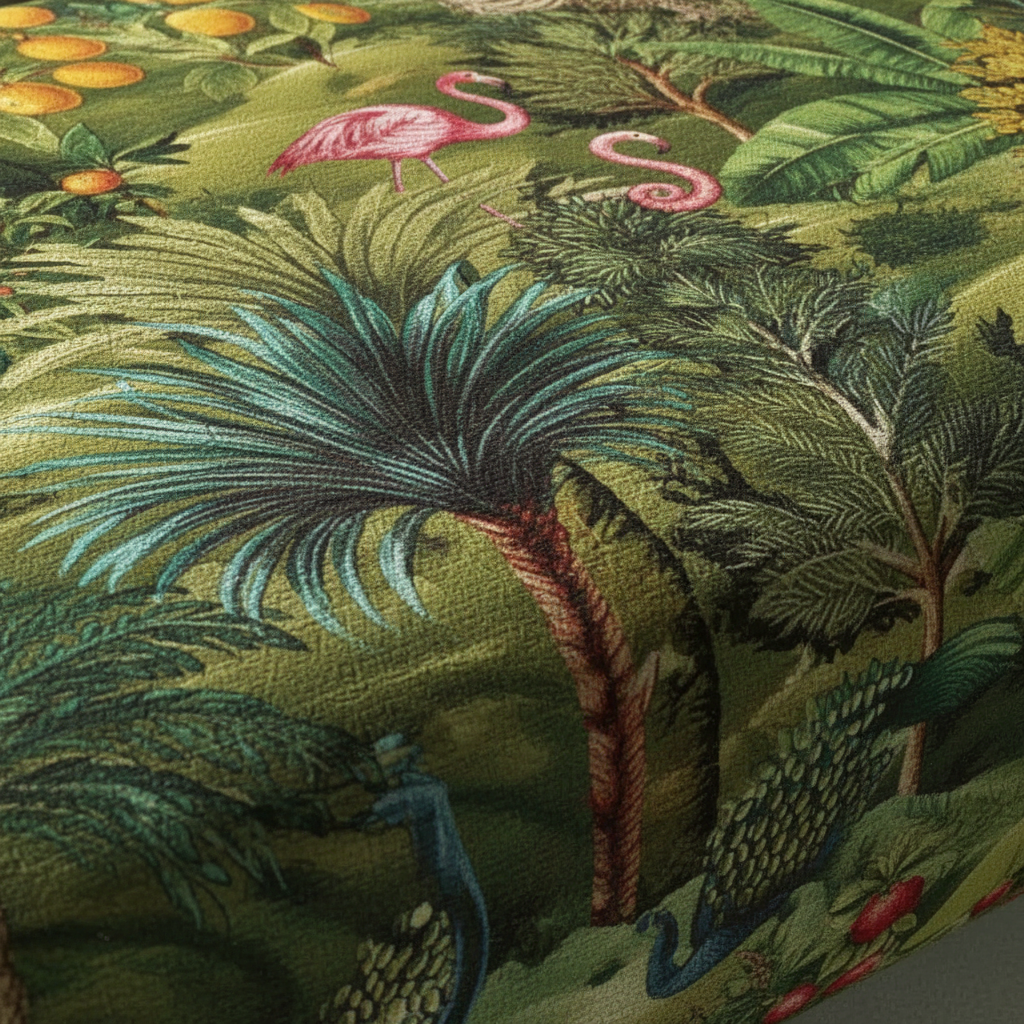 Rectangular upholstered dining bench seat with vibrant multi-toned abstract fabric