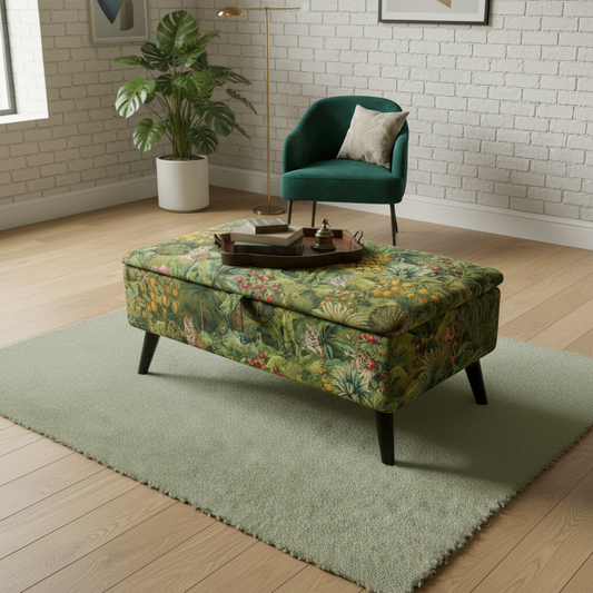 Handcrafted UK Storage Ottoman with Multi-Toned Designer Pattern Fabric