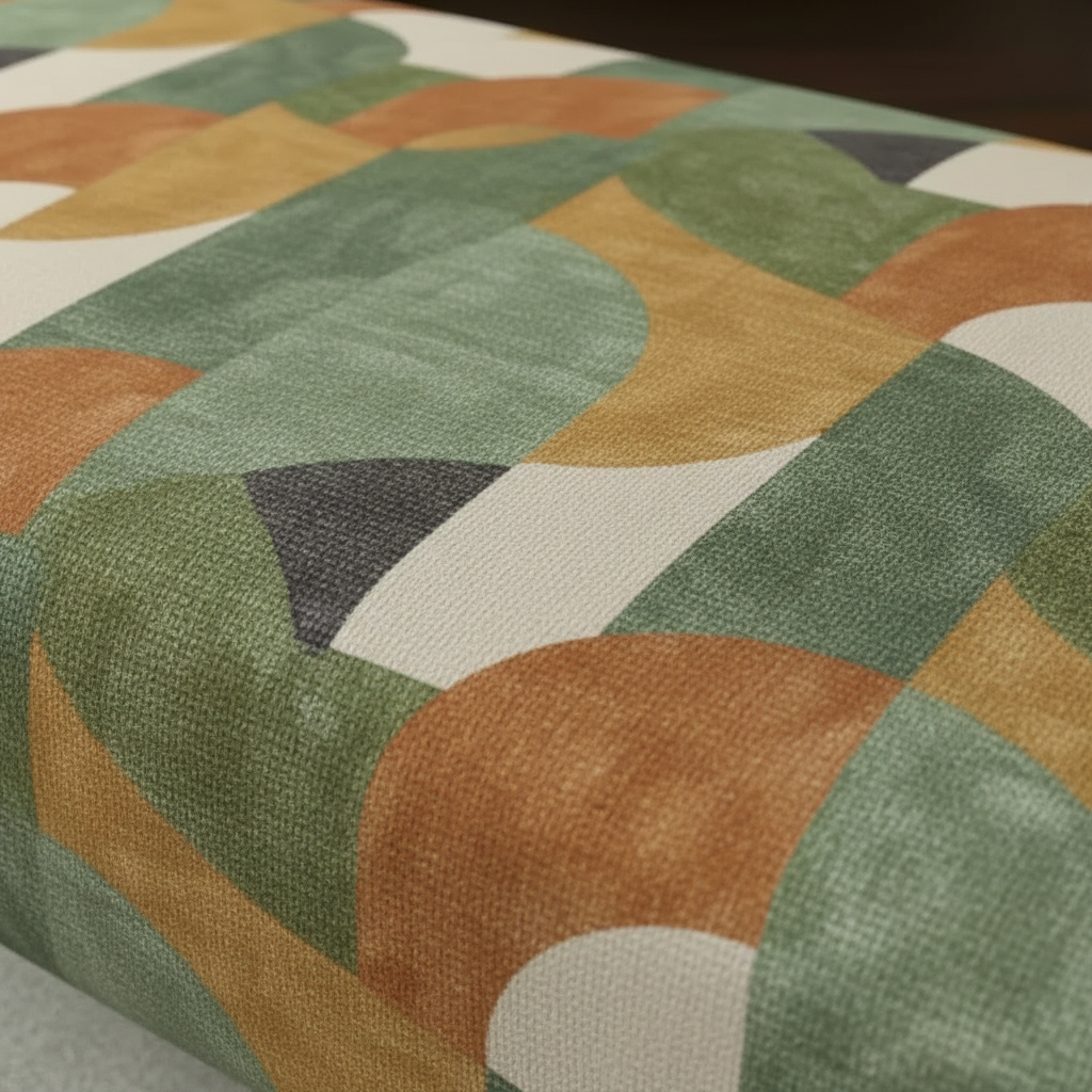 Handcrafted UK coffee table bench showcasing abstract art style fabric