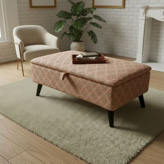 Handcrafted UK rectangular storage ottoman bench with expressive abstract pattern