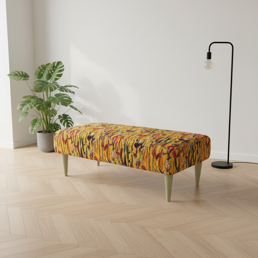 Handcrafted UK solid wood frame rectangular ottoman for living room