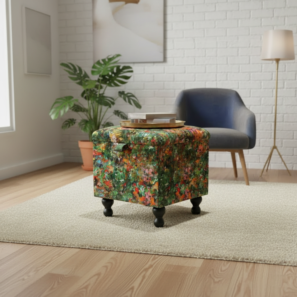 Handcrafted UK square storage footstool with contemporary designer pattern fabric
