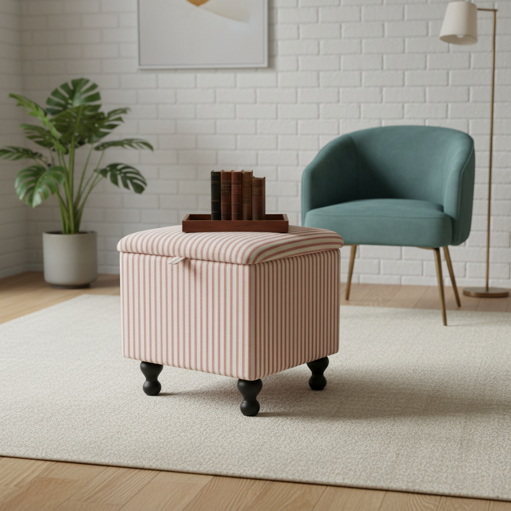 Handcrafted UK square storage footstool with contemporary multi-toned statement fabric