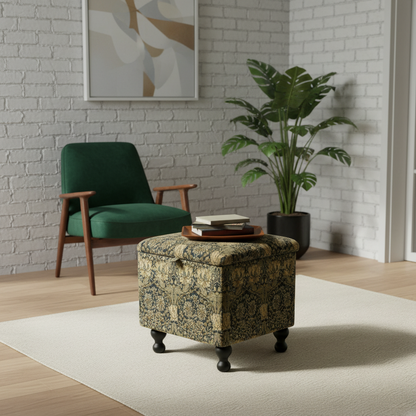Handcrafted UK square storage ottoman featuring deep storage and artistic fabric