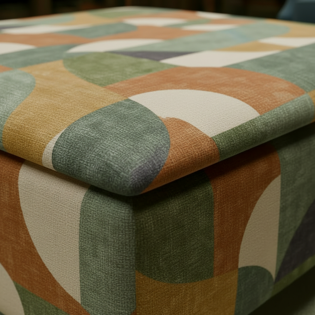 Handcrafted UK storage pouffe with solid wood frame and high-density foam