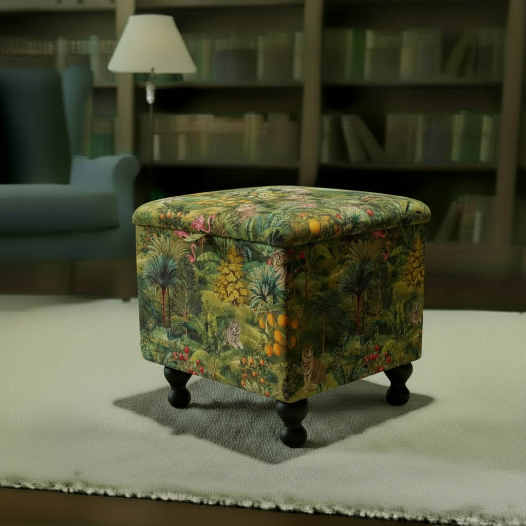 Handcrafted square storage ottoman with vibrant palette and designer pattern for small flats