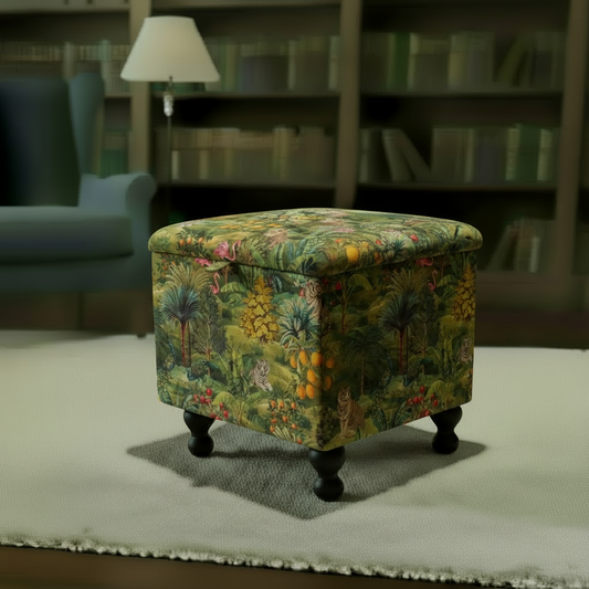 Handcrafted square storage ottoman with vibrant palette and designer pattern for small flats