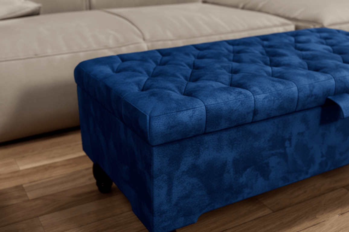 Handmade button-tufted Chesterfield design on blue velvet ottoman