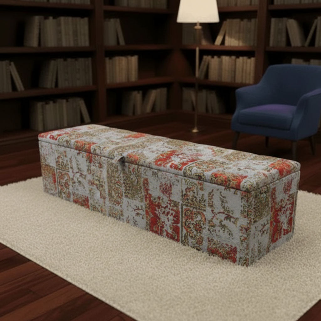 Handmade hallway seating storage bench UK designer motif Chesterfield lid
