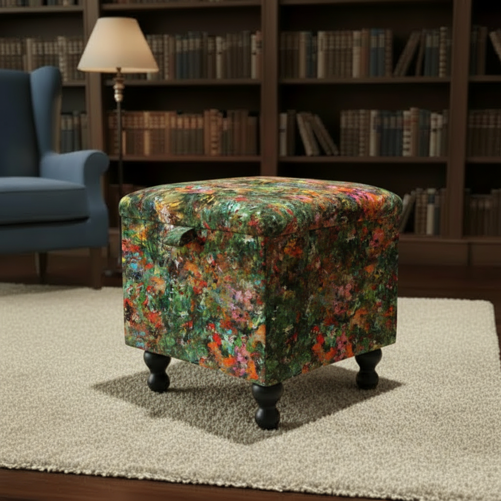 Hidden storage ottoman box with vibrant abstract designer fabric for living room organisation
