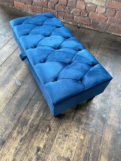 Blue Coffee Table Ottoman Storage Bench | Velvet Blue Chesterfield Footstool UK