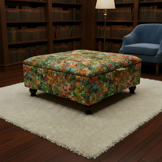 Large square storage ottoman coffee table with vibrant artistic designer pattern