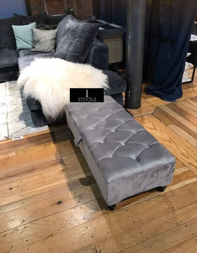 Silver Ottoman Coffee Table Storage Bench | Light Grey Chesterfield Footstool