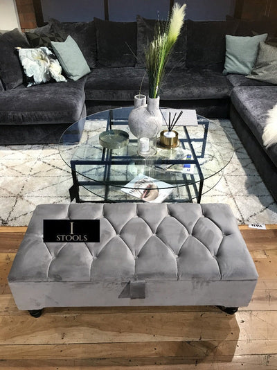 Silver Ottoman Coffee Table Storage Bench | Light Grey Chesterfield Footstool