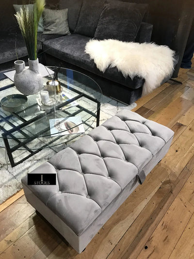 Silver Ottoman Coffee Table Storage Bench | Light Grey Chesterfield Footstool