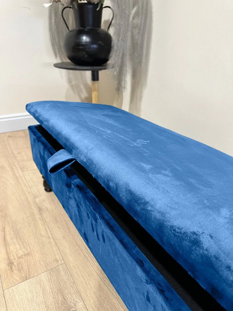 Blue velvet footstool bench with sturdy wooden legs