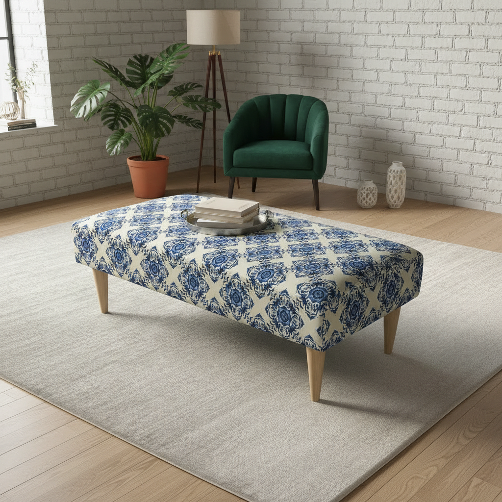 Luxury stitched lid footstool pouffe used as a coffee table in a contemporary living room