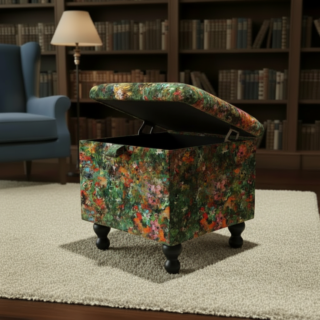 Luxury storage ottoman box with padded seat and artistic statement upholstery
