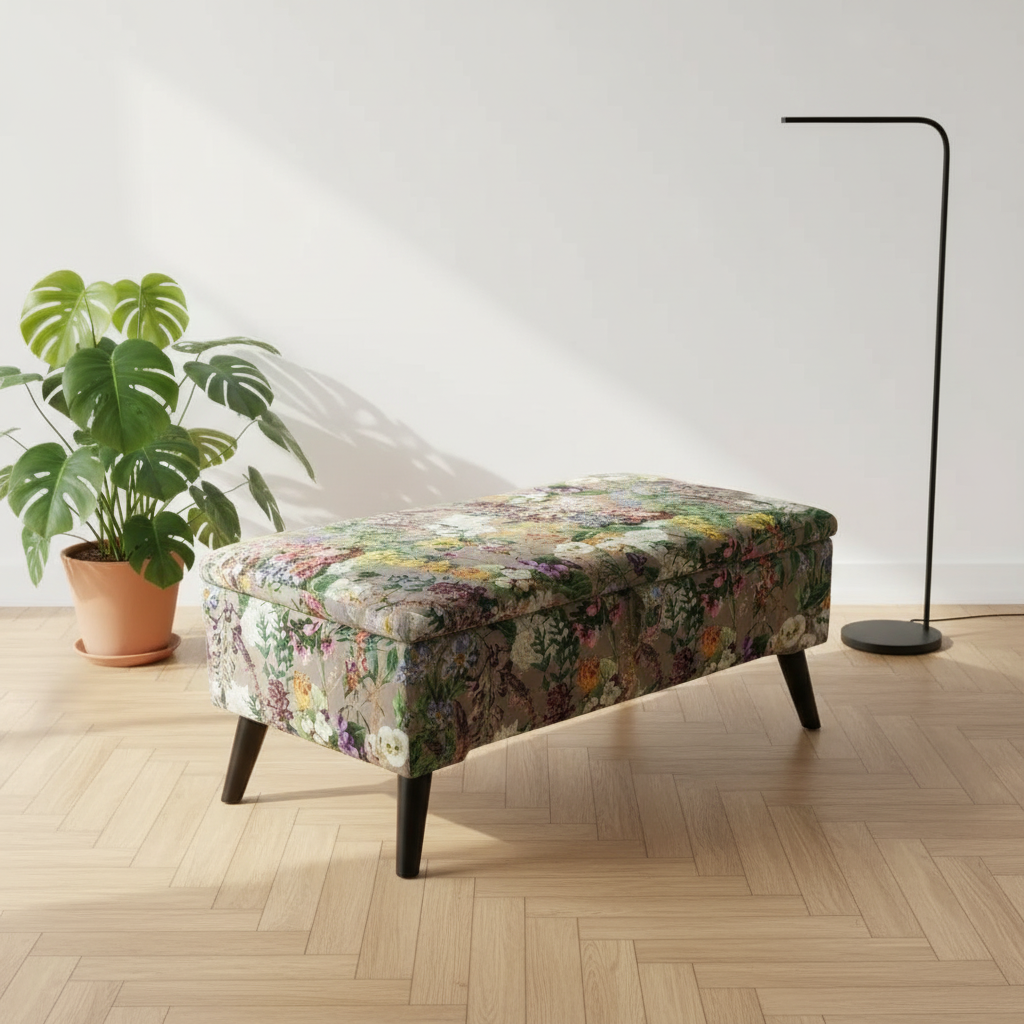 Luxury storage ottoman with abstract fabric pattern for modern interiors