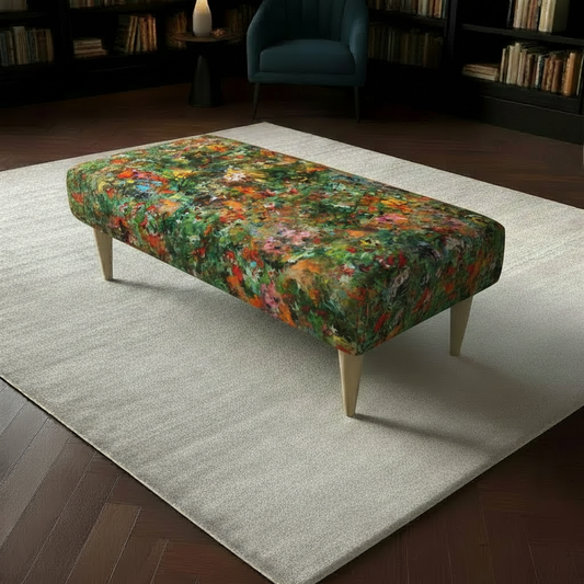 Luxury upholstered bedroom bench with artistic multi-toned designer fabric and elegant wooden legs