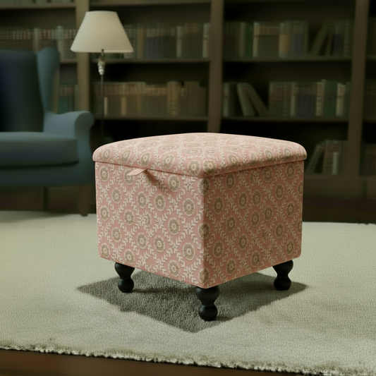 Luxury velvet-feel ottoman with soft-touch designer pattern and deep storage
